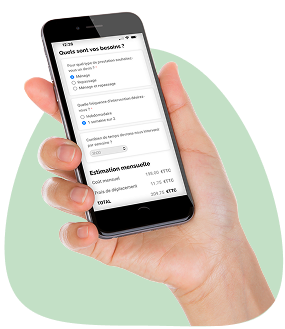 Une main tient un portable avec un aperçu de l'outils d'estimation d'Esprit Tranquille