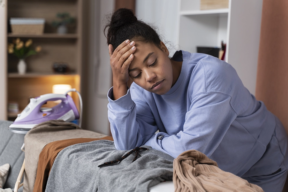 Femme fatiguée qui repasse après une journée de travail